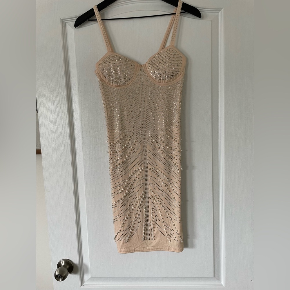 NWOT - Peach Studded Rhinestone Pearl Spaghetti Strap Bodycon Dress - Size Small